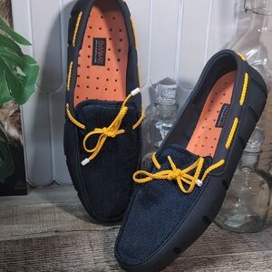 Swims Navy and Yellow Boat Shoes with Moccasin Stitching